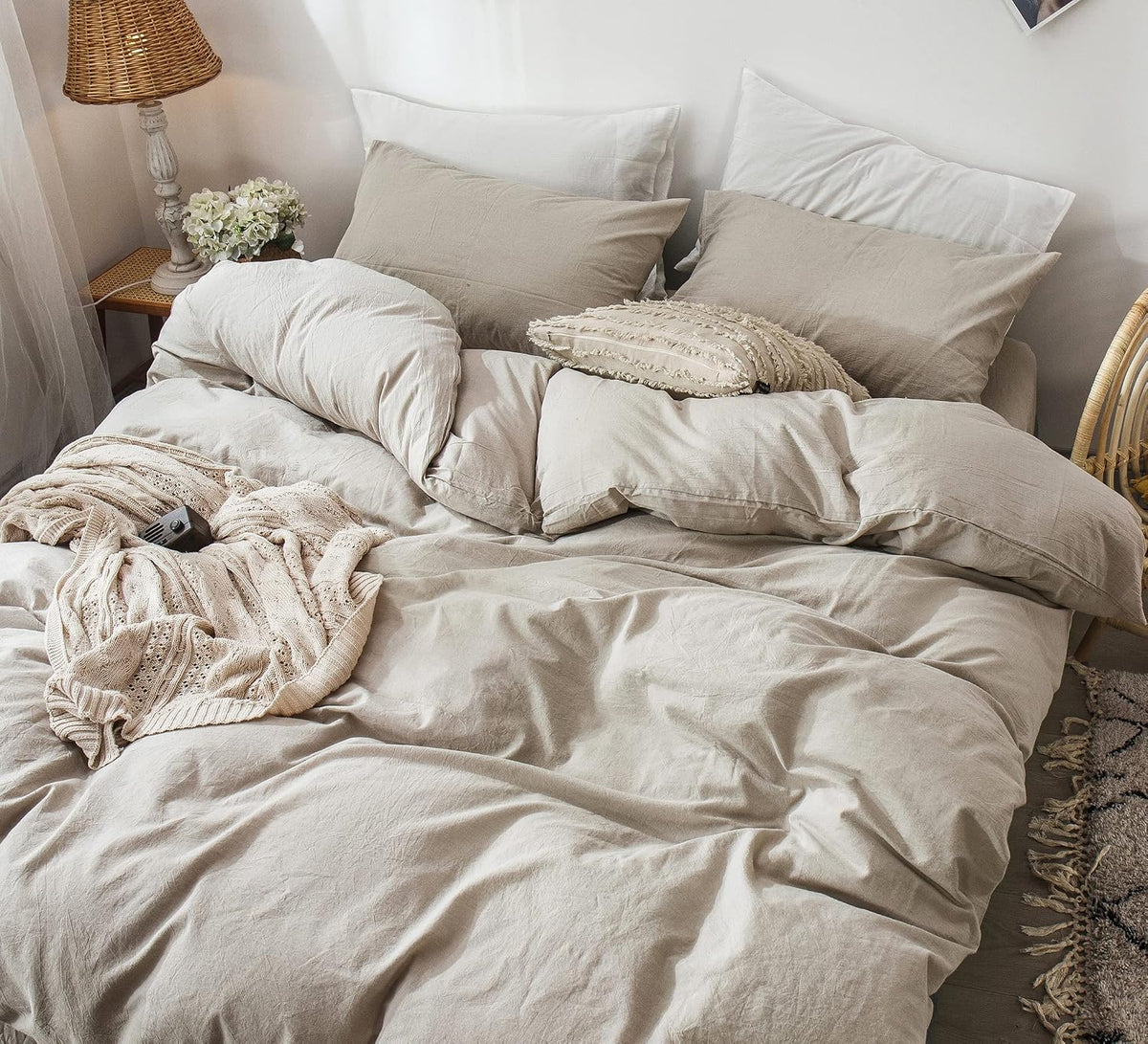 MooMee Duvet Cover Set 100% Washed Cotton Linen Like King