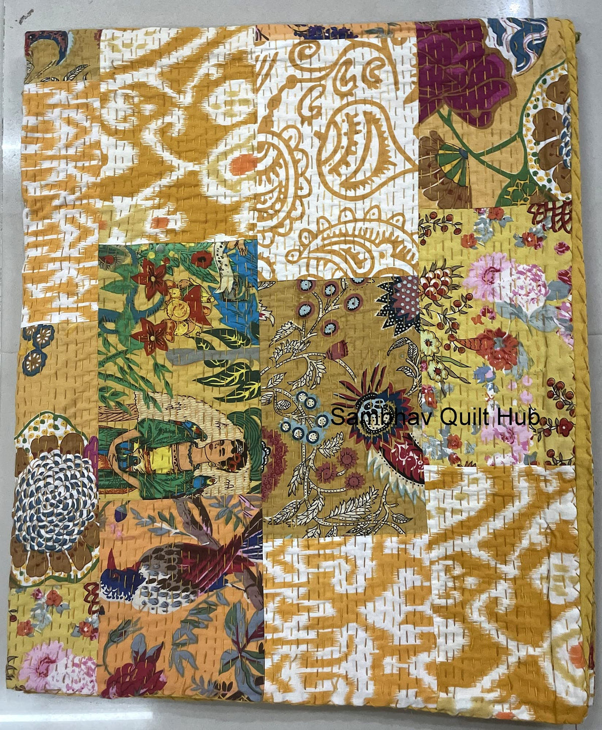 Traditional Handblock Print Multi Floral Assorted Cotton Patchwork Kantha Quilt Home Decorative Handmade Patch Quilted King Size Bohemian Bedding Throw Blanket Vintage Quilt (Yellow, 108X108 inches)
