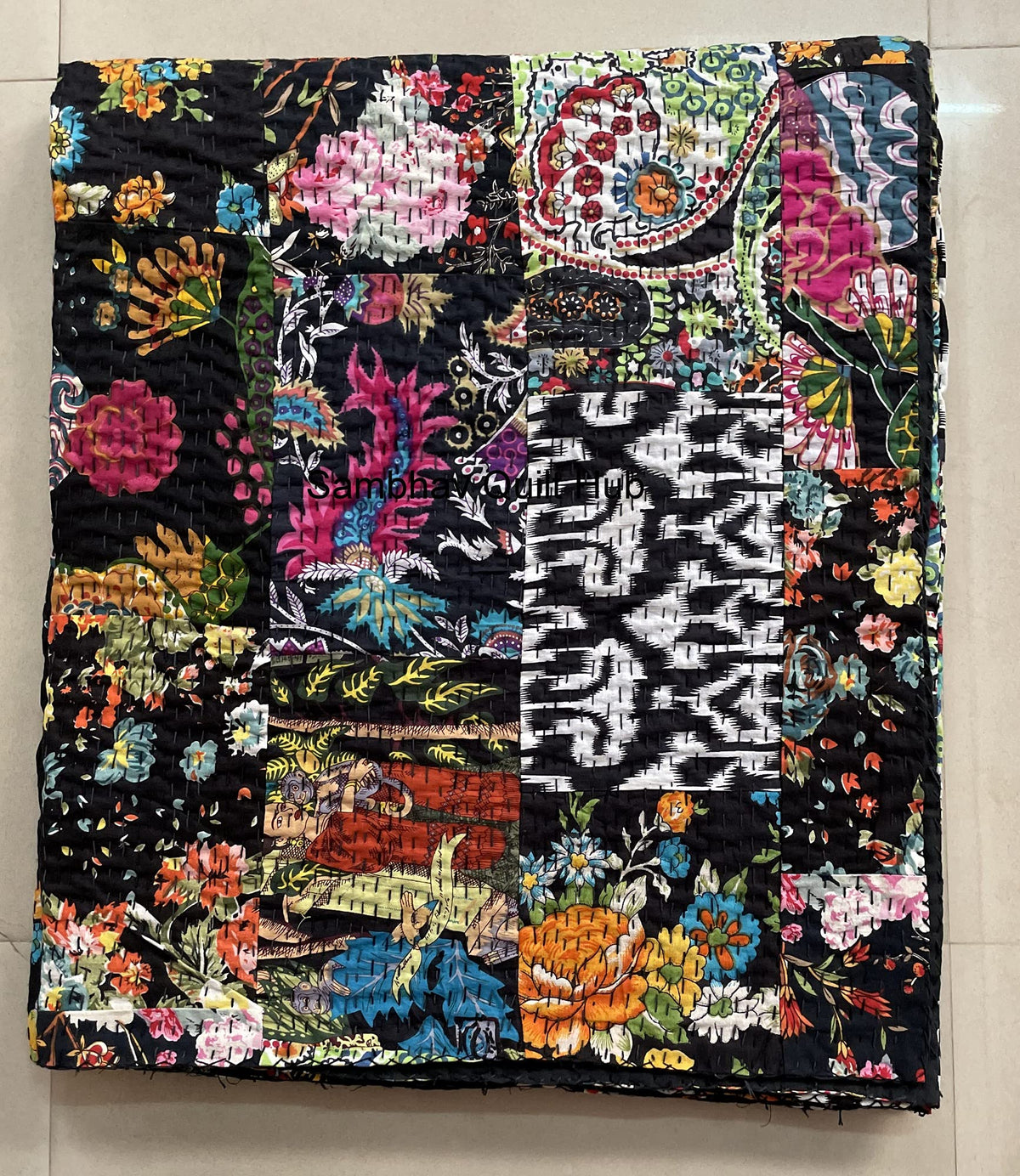 Traditional Handblock Print Multi Floral Assorted Cotton Patchwork Kantha Quilt Home Decorative Handmade Patch Quilted King Size Bohemian Bedding Throw Blanket Vintage Quilt (Yellow, 108X108 inches)