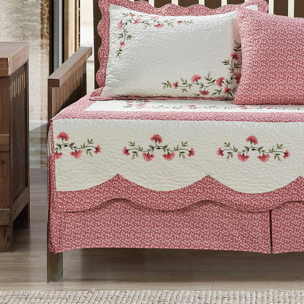 5-Piece Quilted Microfiber Daybed Cover Set with Floral Embroidery, All Season Luxurious Bedding with Matching Shams and Bed Skirt, 75"x39", Pink Flower