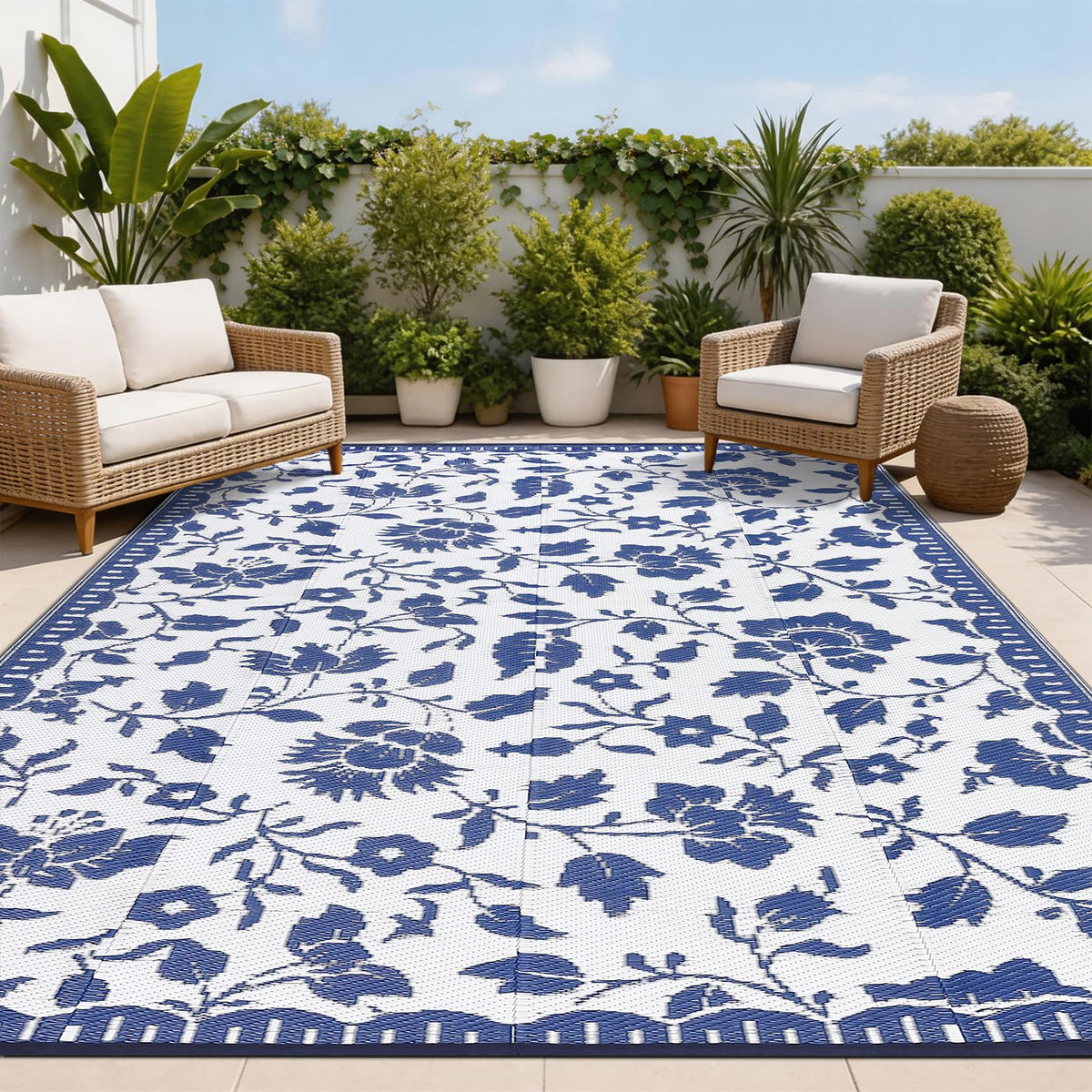 Garvee 5x8 Outdoor Rug Waterproof Modern Plastic Straw Rugs, Black Grey