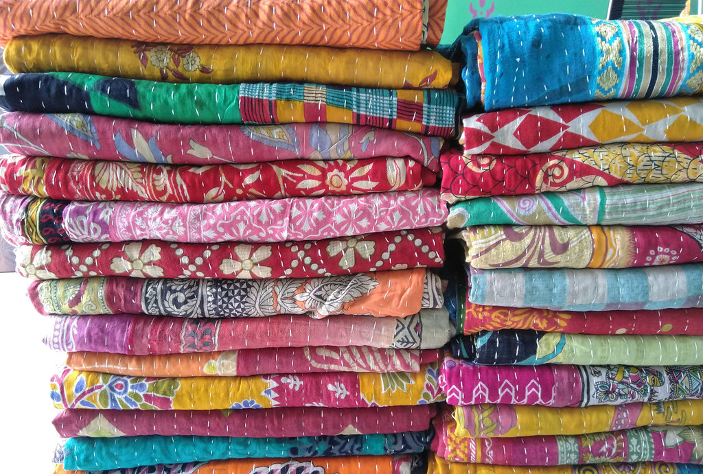 Handmade Vintage Kantha Quilt 3-Layer Cotton Blanket, Bohemian Kantha Throw, Reversible Patchwork Gudari Blanket for Bed, Couch, Sofa (54 x 84 1pices)