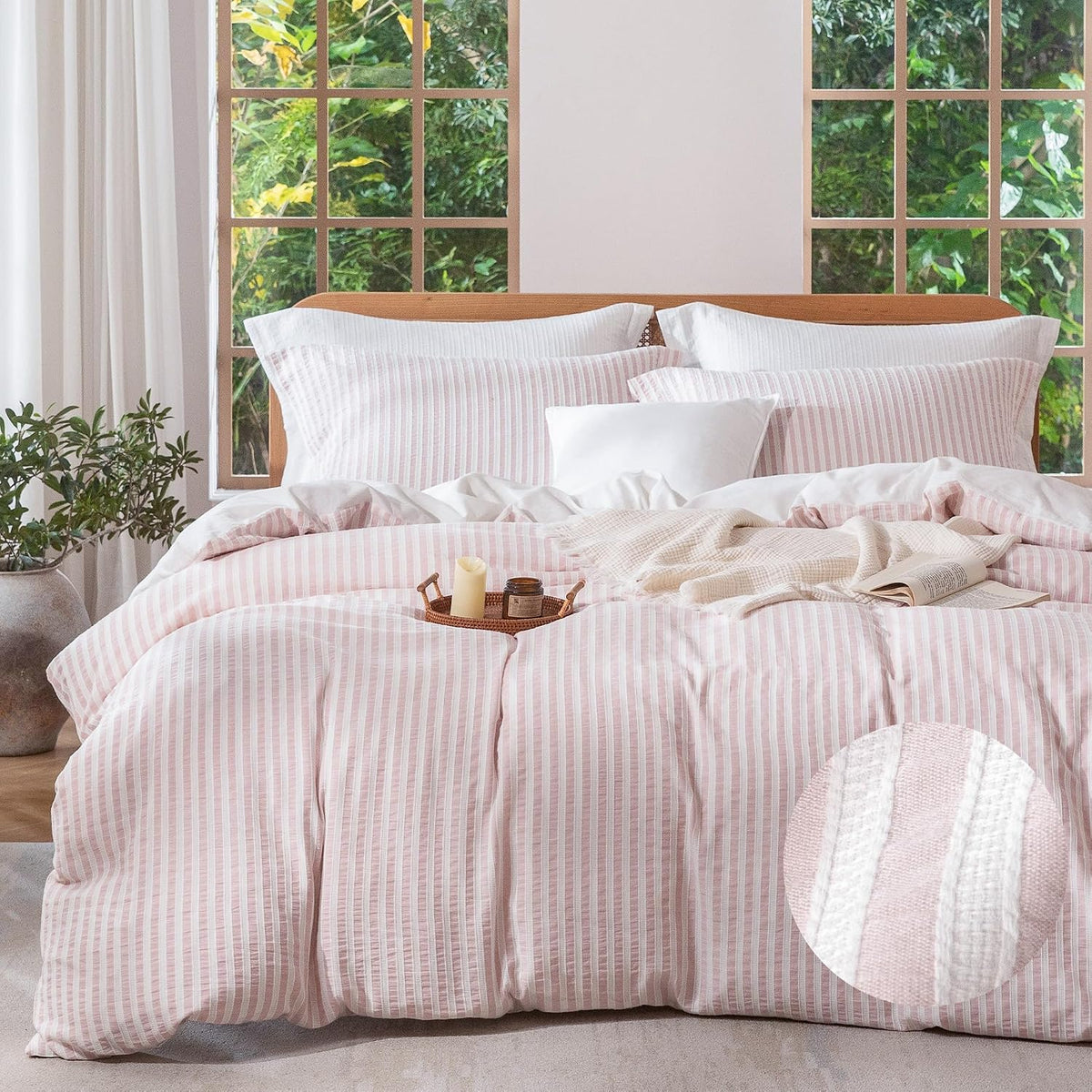 MILDLY Jacquard Striped Duvet Cover Set 3pcs Dual Zipper Pink Queen