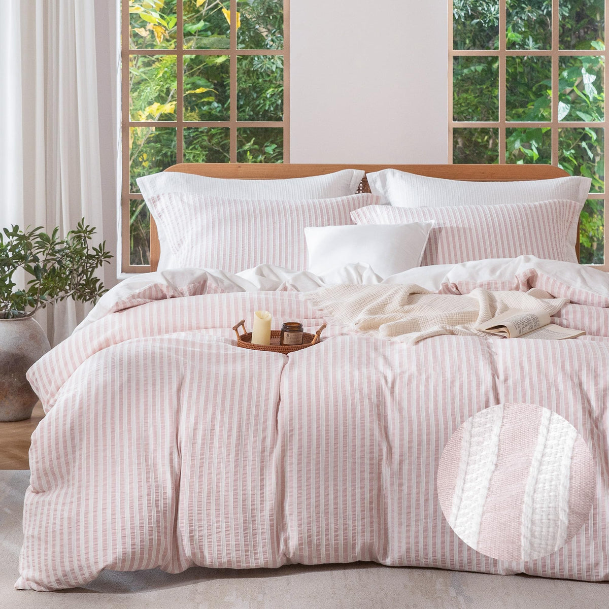 MILDLY Jacquard Striped Duvet Cover Set 3pcs Dual Zipper Pink Queen