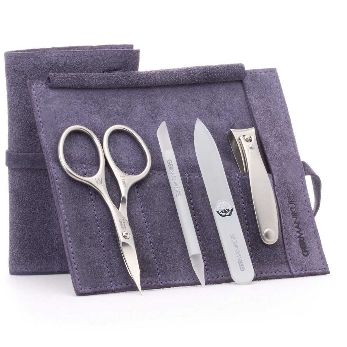 GERMANIKURE 7pc Manicure & Pedicure Set, FINOX Steel, Purple Leather Roll