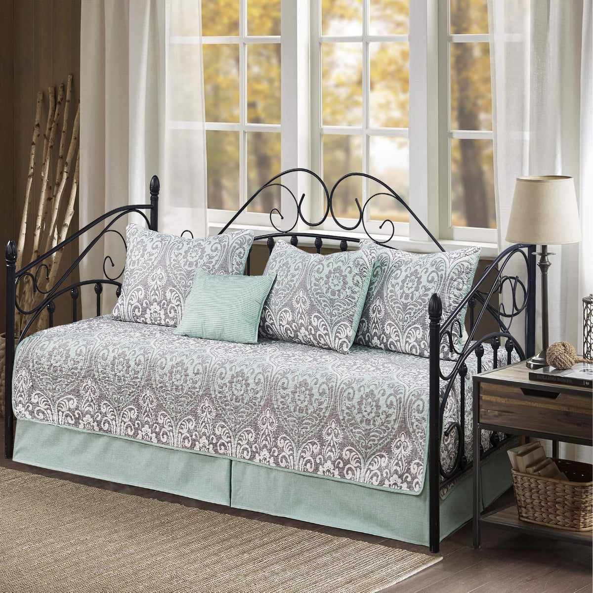 5-Piece Quilted Microfiber Daybed Cover Set with Floral Embroidery, All Season Luxurious Bedding with Matching Shams and Bed Skirt, 75"x39", Pink Flower