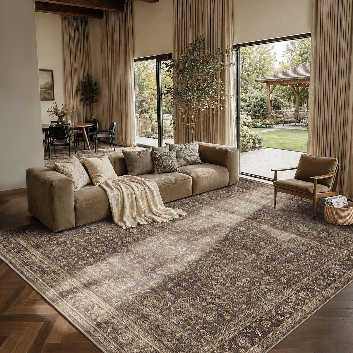 JOOJA 8x10 Dark Brown Vintage Soft Low Pile Non Slip Boho Washable Area Rug