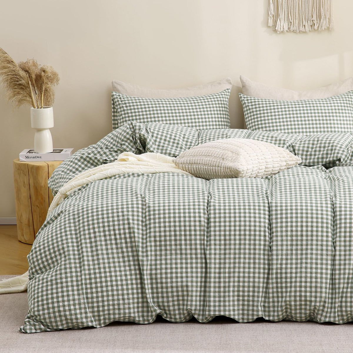 TOCOMOA Tan Gingham Duvet Cover Set Washed Cotton Like Linen, Cal King
