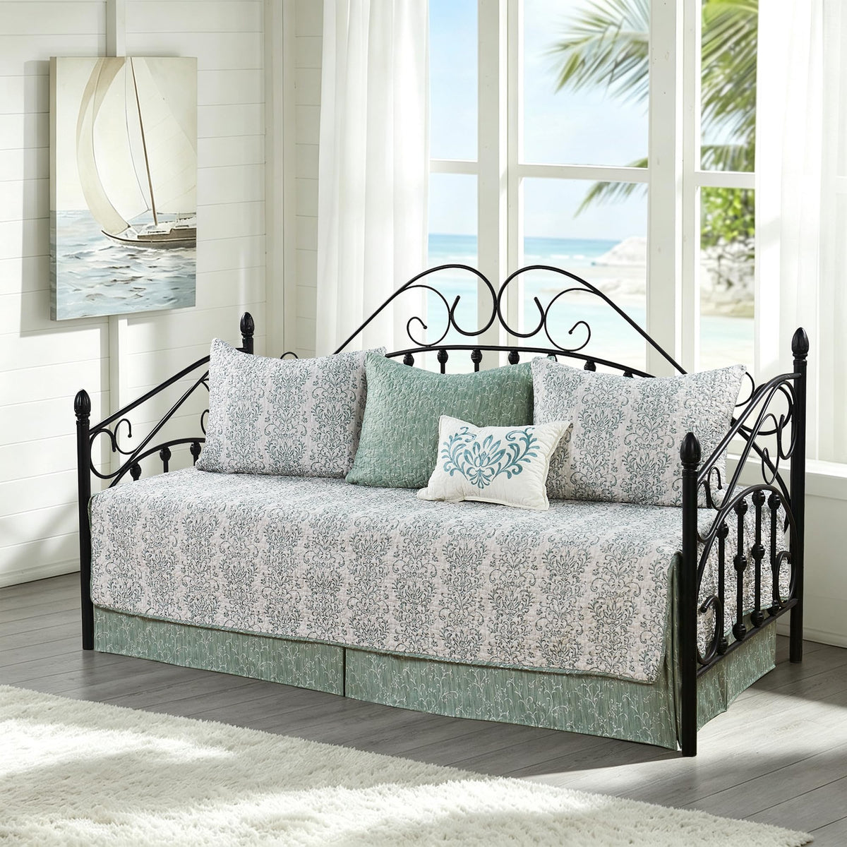 HESTIN 4Pcs Sky Blue Scallop Daybed Cover Set 75"x39" Petunia Embroidery