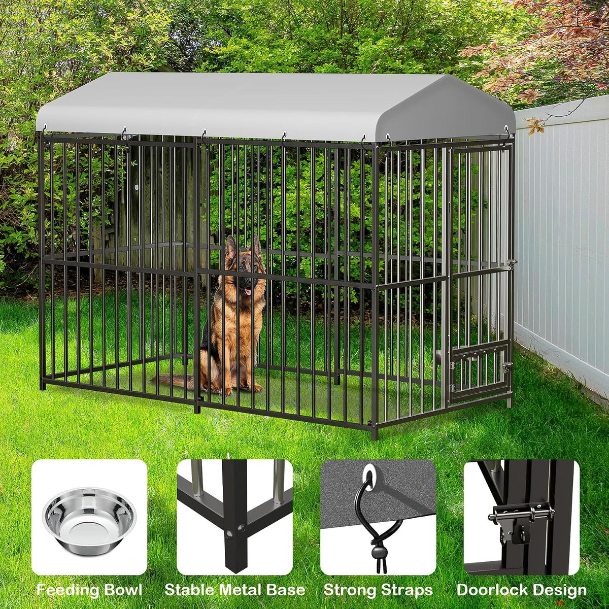 Large Outdoor Dog Kennel, 8x4x6FT Heavy Duty Dog Cage with Roof, Dog Kennel Galvanized Iron Dog House with Safety Locks,UV & Water Resistant Proof Cover, for Garden Backyard