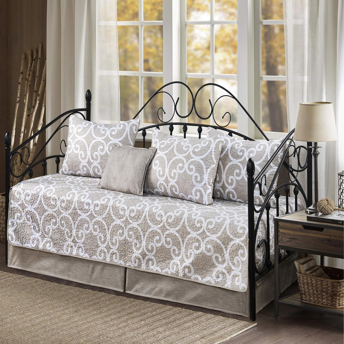5-Piece Quilted Microfiber Daybed Cover Set with Floral Embroidery, All Season Luxurious Bedding with Matching Shams and Bed Skirt, 75"x39", Pink Flower