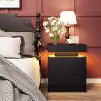 LIKIMIO Nightstand with Charging Station LED Light and 2 Drawers Black