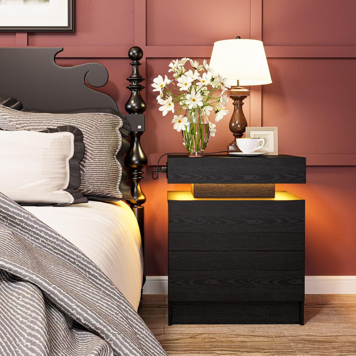 LIKIMIO Nightstand with Charging Station LED Light and 2 Drawers Black