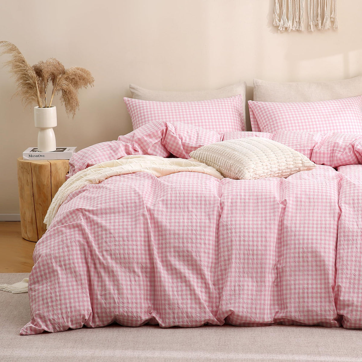 TOCOMOA Tan Gingham Duvet Cover Set Washed Cotton Like Linen, Cal King