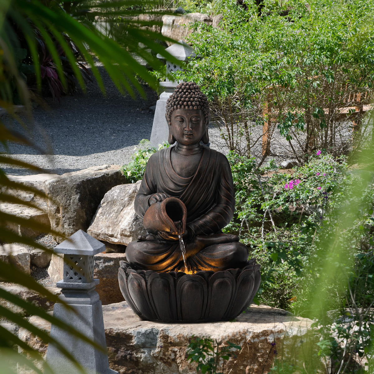 Glitzhome Buddha Statues, 20.5"H Zen Style Outdoor Buddha Fountian with LED Light & Pump, Outdoor Floor Freestanding Fountain Meditative Garden Buddha Sculptures & Statues for Garden Porch Lawn Decor