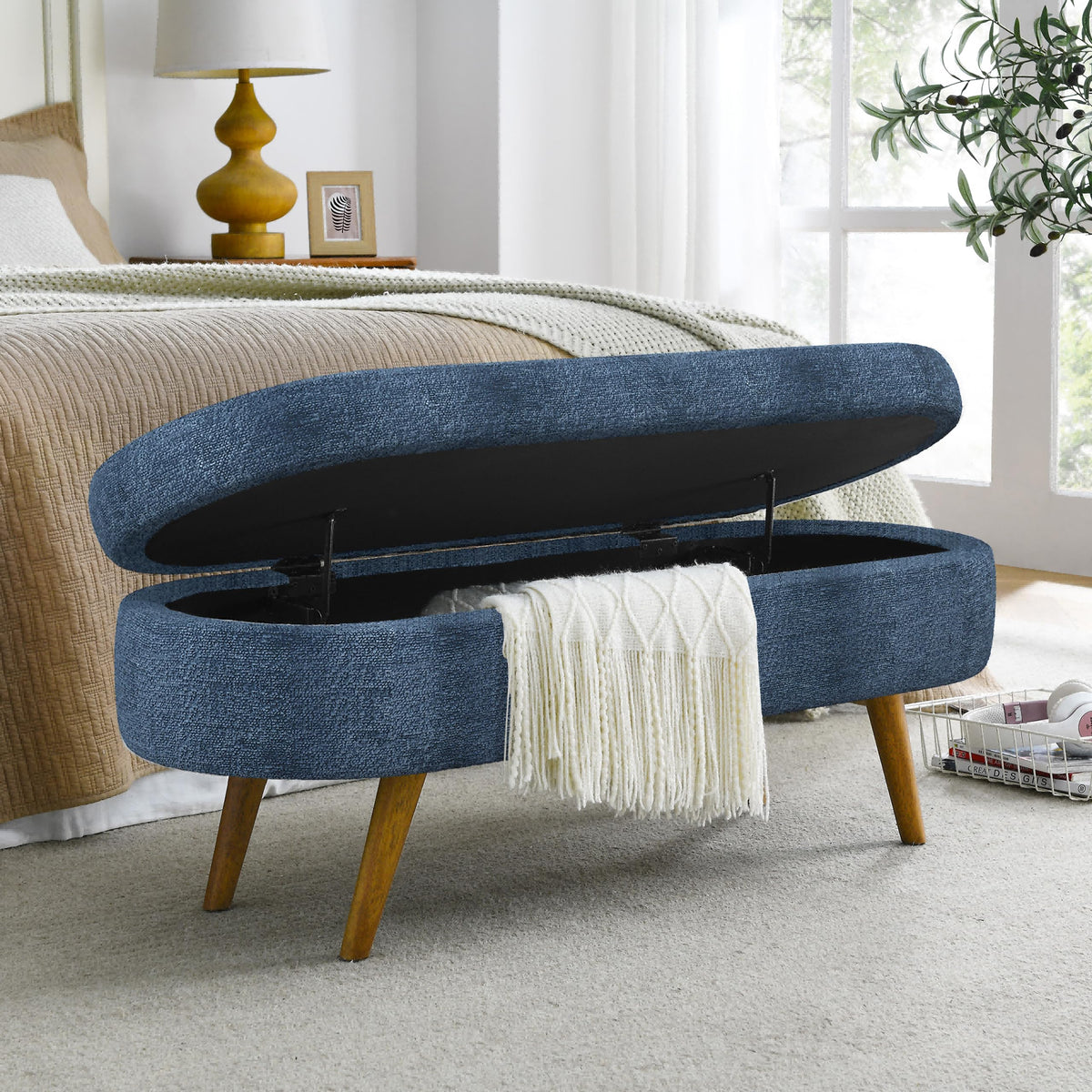 43.5" Ottoman with Storage, Storage Ottoman Bench with Safety Hinge, Bed End Bench, Upholstered Entryway Bench for Bedroom, Living Room & Window, Holds up to 330 lb, Beige
