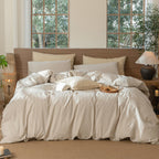 MooMee Striped Duvet Cover Set 100% Washed Cotton Linen Like Queen
