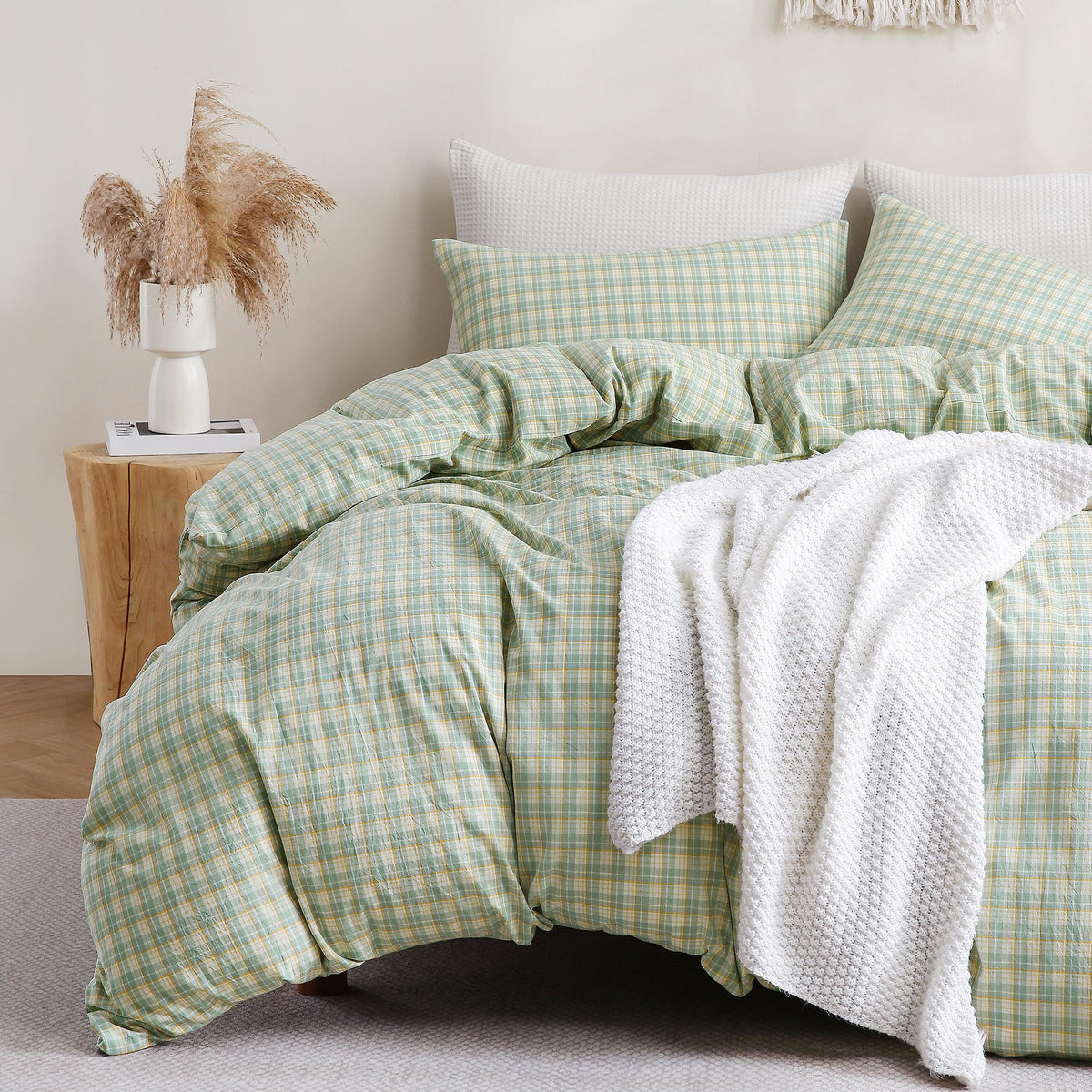 TOCOMOA Tan Gingham Duvet Cover Set Washed Cotton Like Linen, Cal King