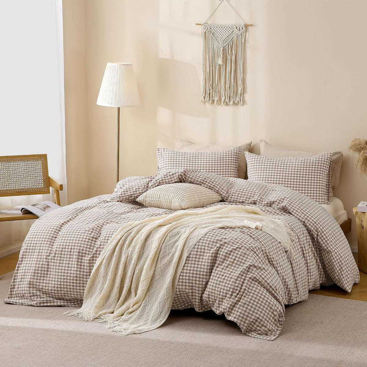 TOCOMOA Tan Gingham Duvet Cover Set Washed Cotton Like Linen, Cal King