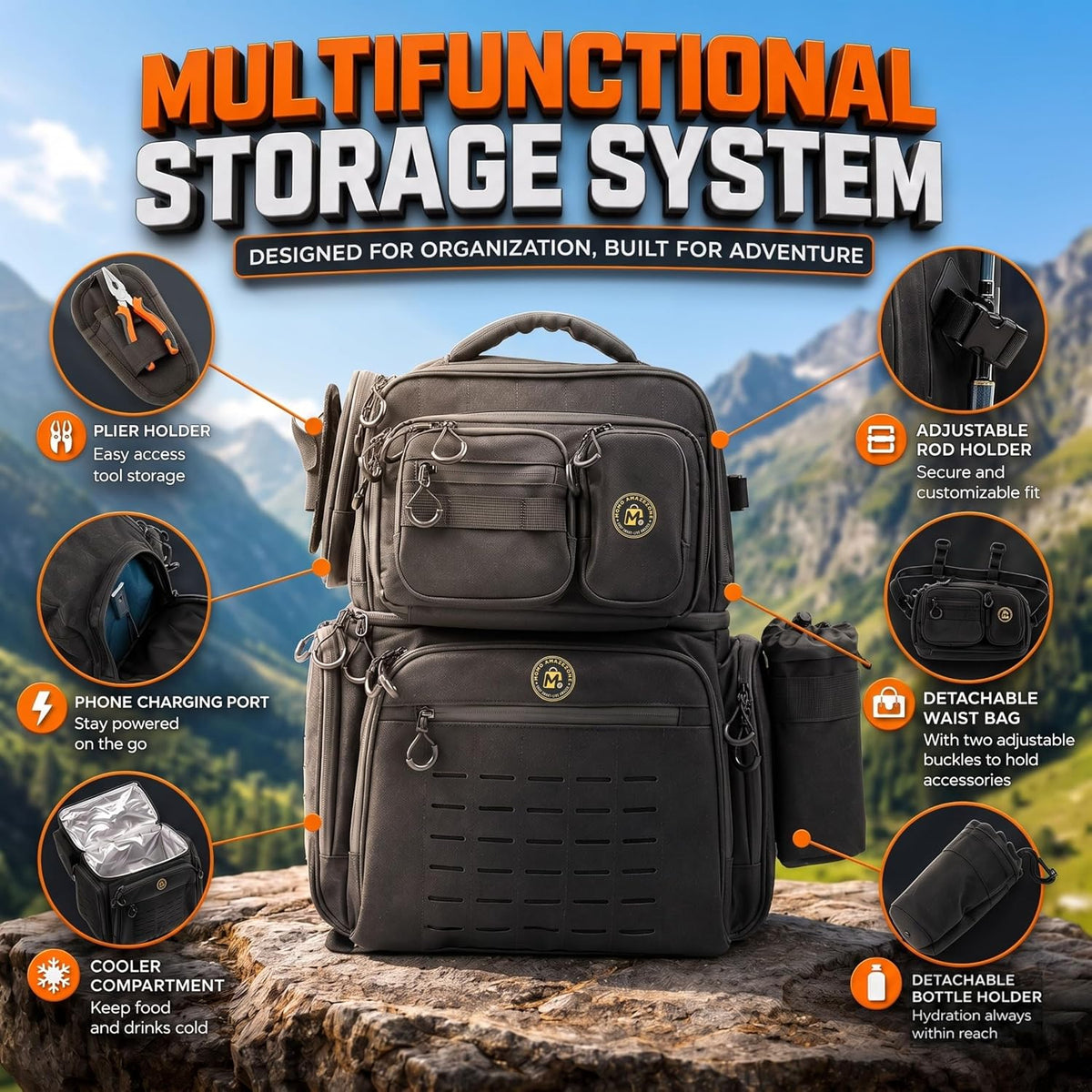 Hiking & Fishing Backpack with Cooler Compartment - Detachable Waist Bag - Water-Resistant Zipper - Fits 8 Tackle Boxes & Charging Port - Rod Holder & 40L Capacity - Gear Organizer Backpack Cooler
