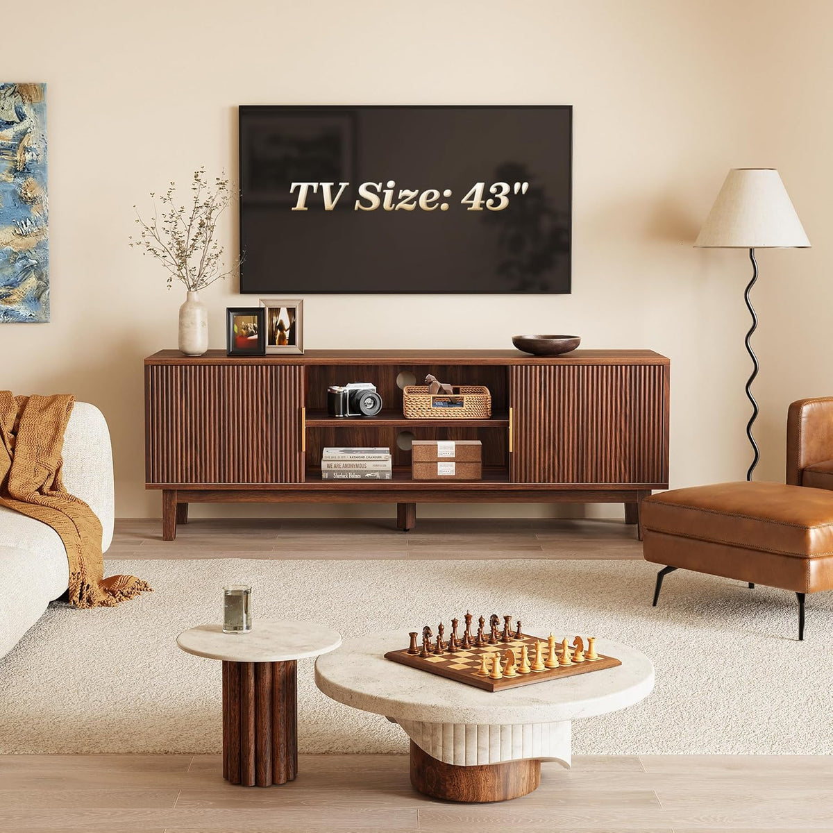 PRAISUN 54 Inch Fluted TV Stand for TVs Up to 55, 60 Inch, Mid Century Modern Entertainment Center with Storage, TV Console with Adjustable Shelves, Media Console for Living Room Bedroom, Brown