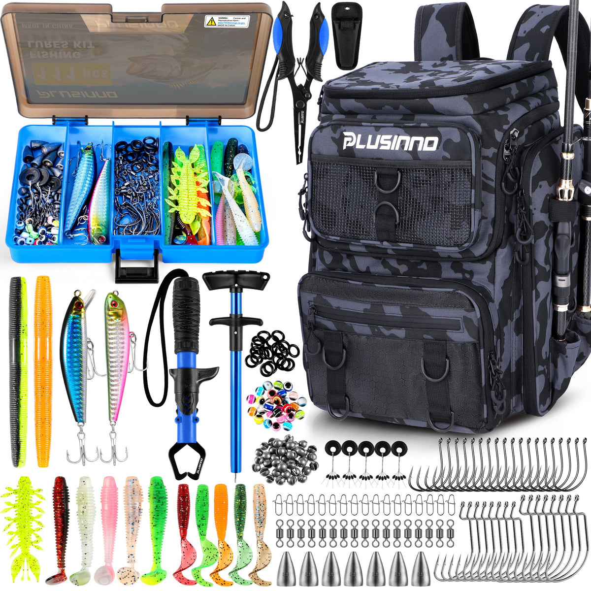 PLUSINNO Fishing Backpack with Fishing Net,42L Waterproof tackle Backpack with Tackle Boxes,Fishing Gear,Lures,Tools,Pliers & Accessories, Fishing Gifts for Men