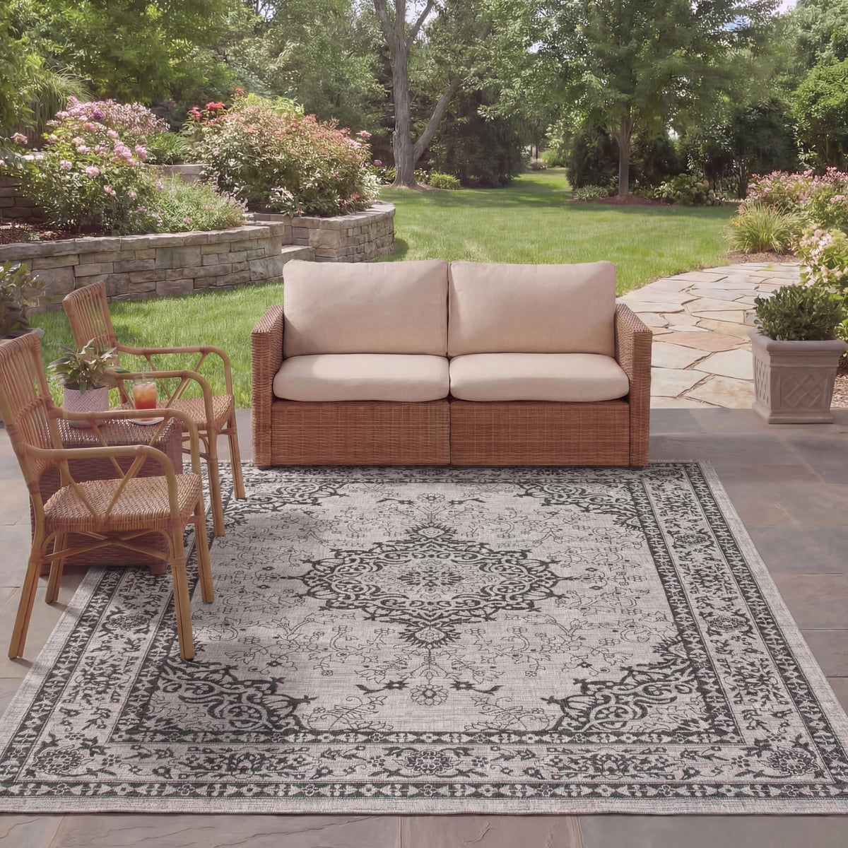 SAFAVIEH Washable Rug Outdoor Courtyard Collection - 6'7" Square, Grey & Navy, Non-Shedding & Easy Cleaning, Ideal for Patio, Backyard, Mudroom (CY8679-368)