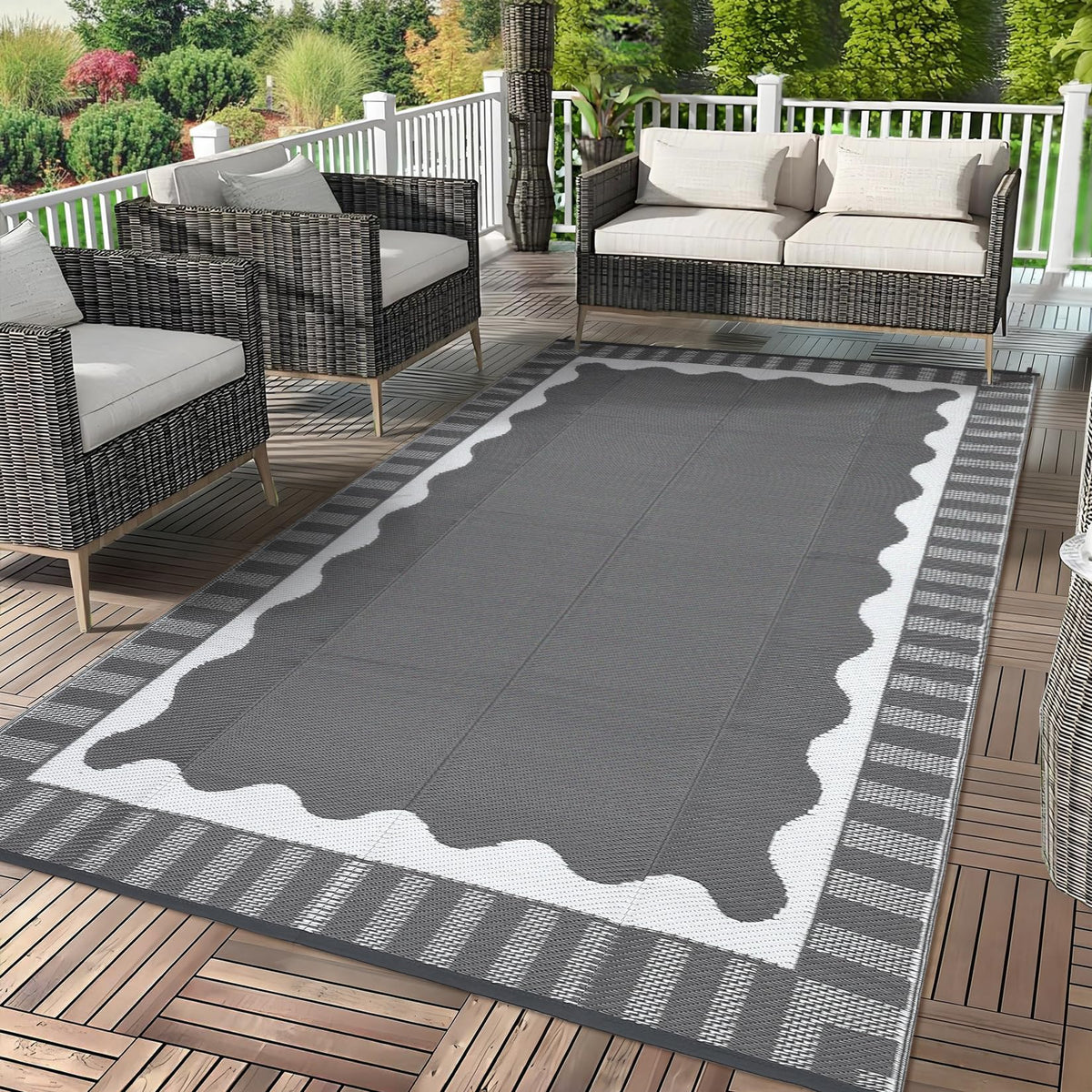 Garvee 5x8 Outdoor Rug Waterproof Modern Plastic Straw Rugs, Black Grey