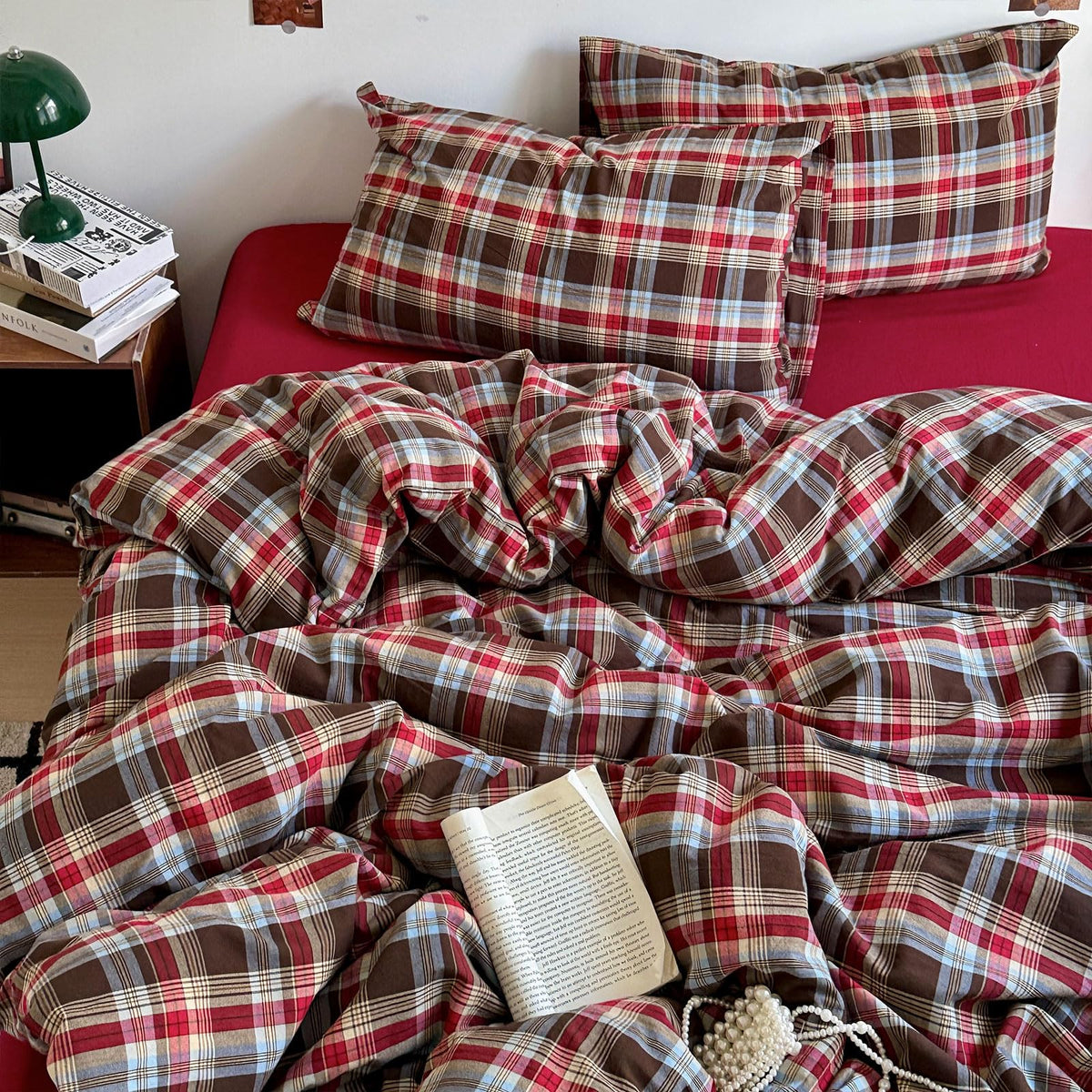 EAVD Vintage Buffalo Plaid Duvet Cover Queen Red&Black&Green Muslin Cotton