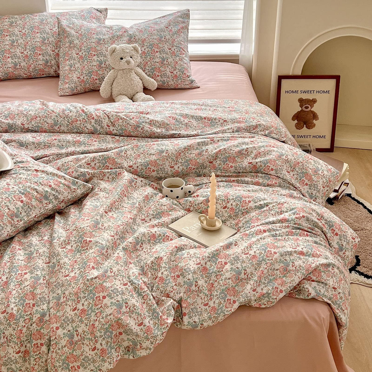 LifeTB Green Floral 100% Jersey Knit Cotton Duvet Cover Queen Vintage Style Botanical Floral Bedding Set Chic Shabby Green Floral Comforter Cover Girl Women Flower Bedding Cover with 2 Pillowcases