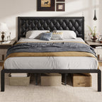 Fluest Queen Bed Frame with Headboard PU Leather Upholstered Bed Frame Platform,All Metal Slats Support Platform Bed Frame with Storage Space,Easy Assembly,Noise Free,No Box Spring Needed,Black