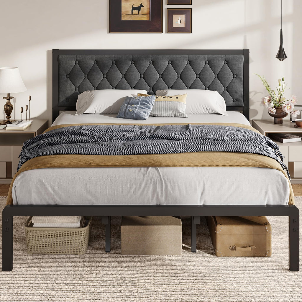 Fluest Queen Bed Frame with Headboard PU Leather Upholstered Bed Frame Platform,All Metal Slats Support Platform Bed Frame with Storage Space,Easy Assembly,Noise Free,No Box Spring Needed,Black