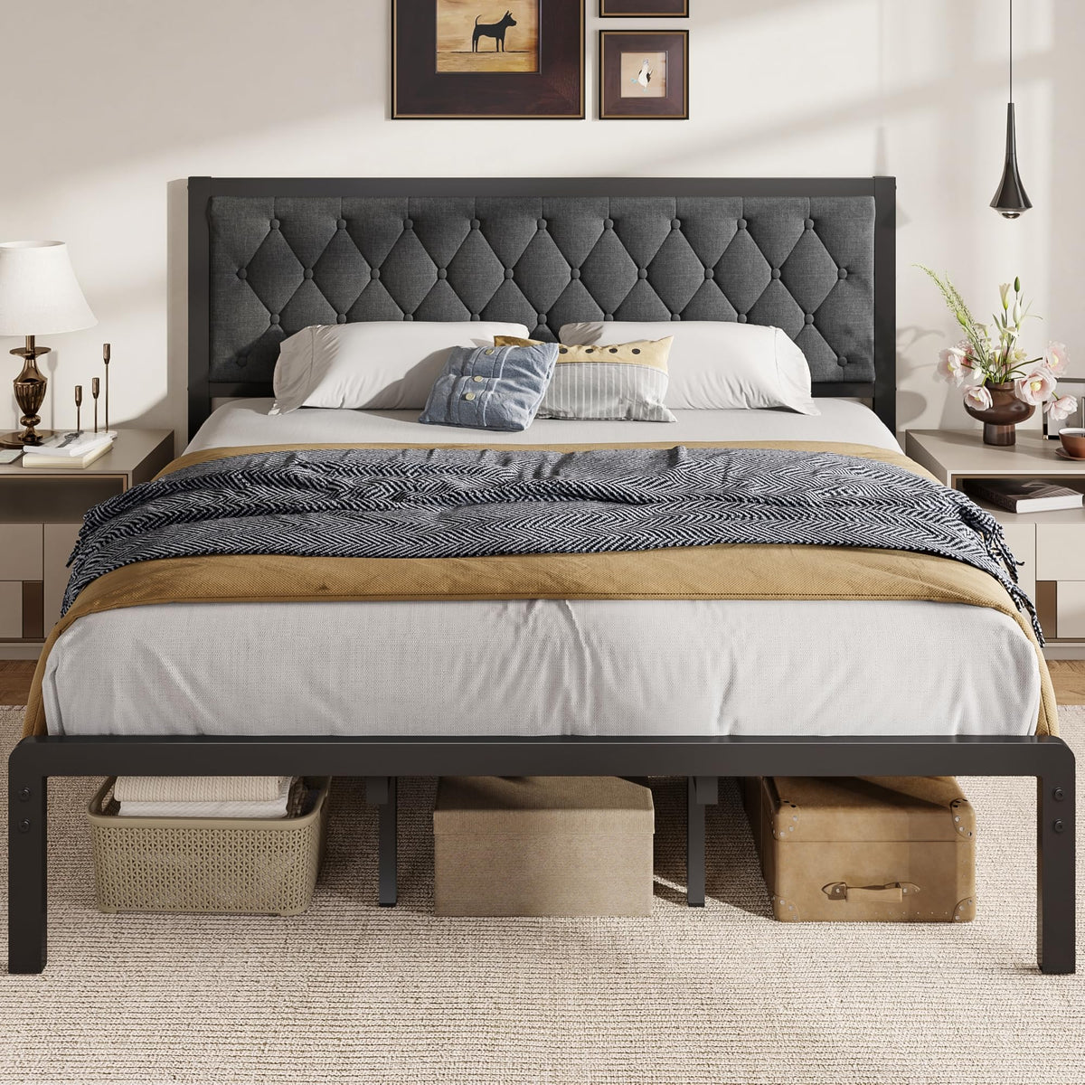 Fluest Queen Bed Frame with Headboard PU Leather Upholstered Bed Frame Platform,All Metal Slats Support Platform Bed Frame with Storage Space,Easy Assembly,Noise Free,No Box Spring Needed,Black
