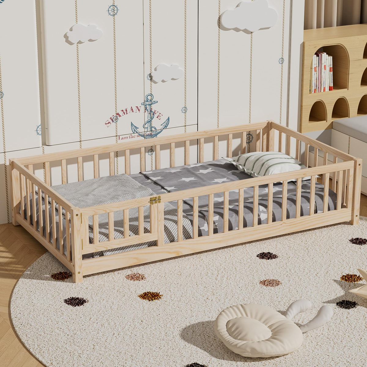 i-POOK Twin Floor Bed for Children, Sturdy Wood Montessori Bed Frame with Wood Slats, High Fence & Small Door, Montessori Floor Bed for Girls and Boys, White