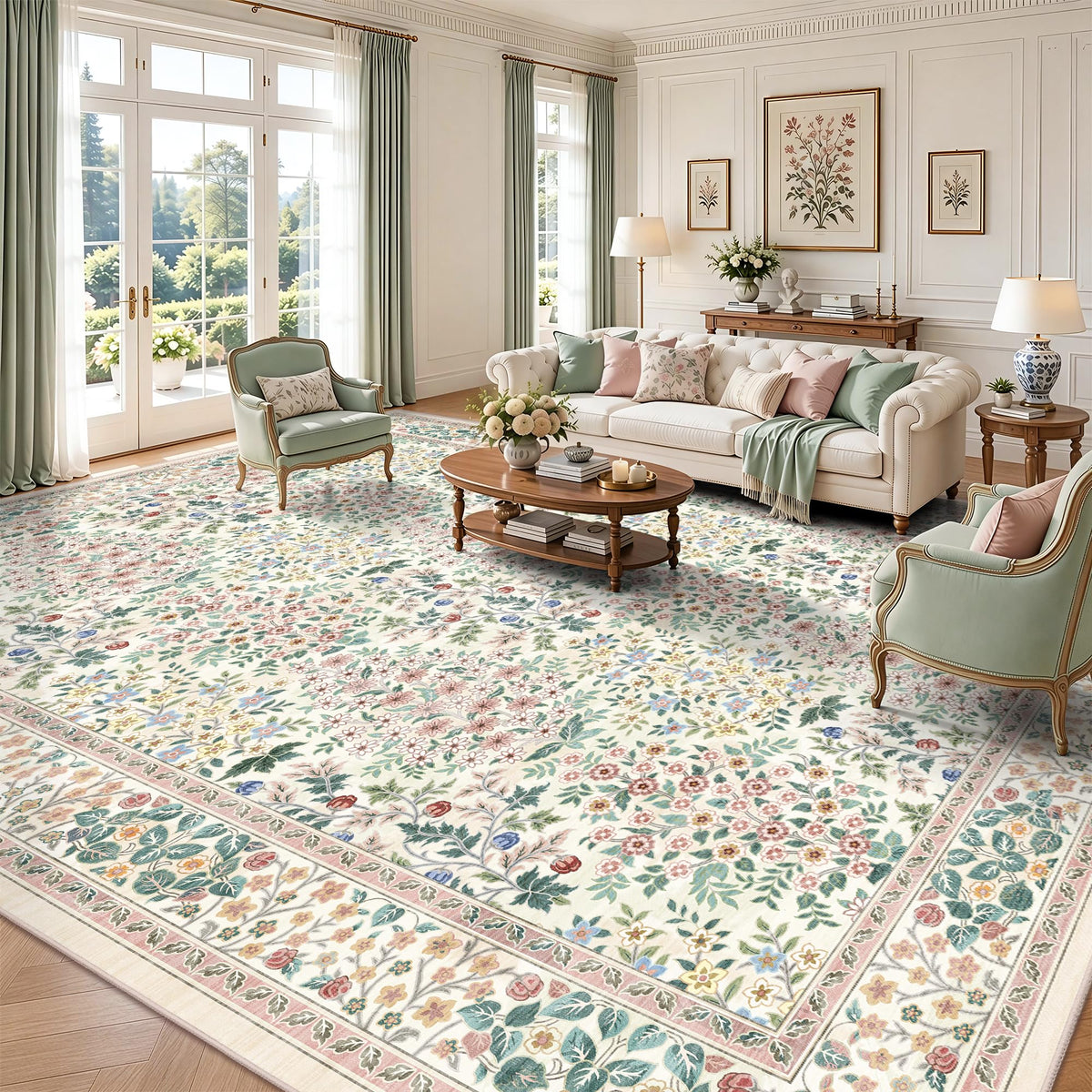 8x10 Area Rugs, Machine Washable Low Pile Floral Rugs for Living Room, Bedroom, Large Boho Area Rug with Non-Slip Backing for Dining Room(Pink Floral)