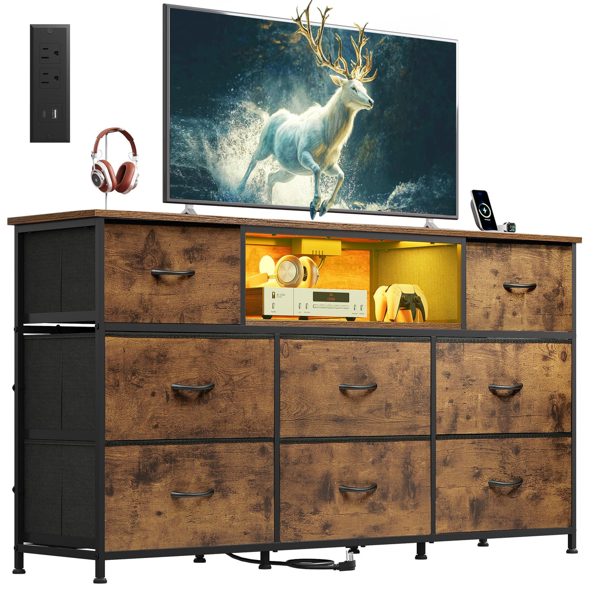 WLIVE LED Dresser TV Stand for 75 Inch TV, 12 Drawers, Black