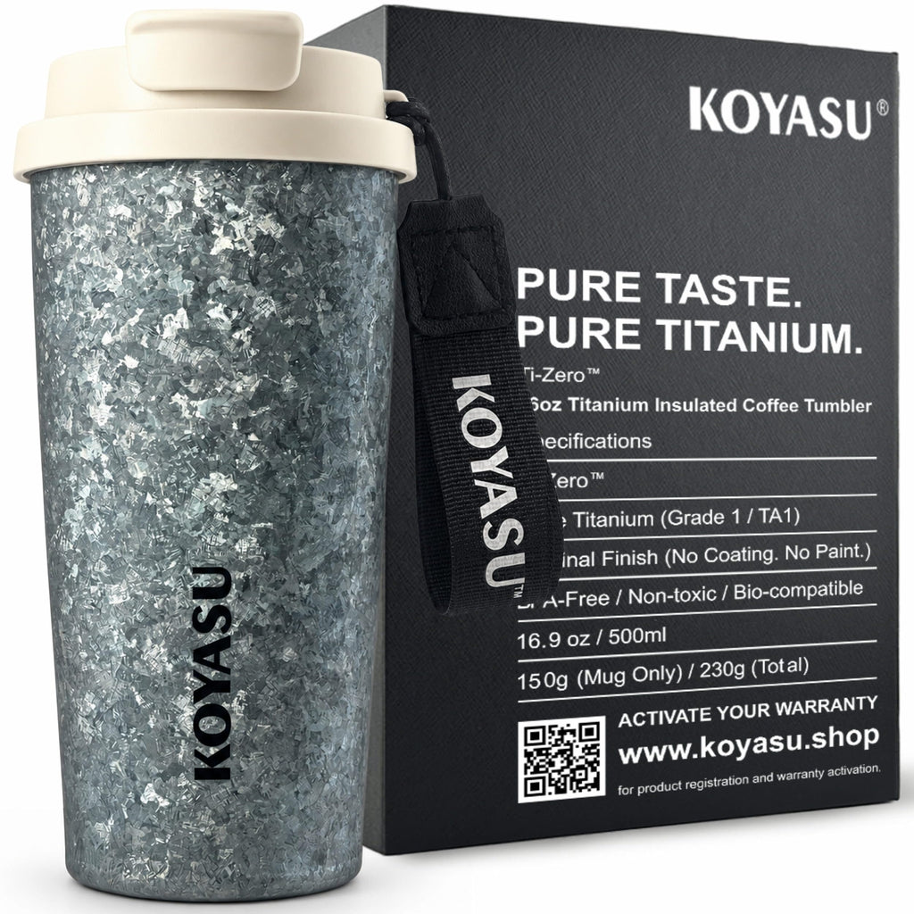 KOYASU Ti-Zero 16oz Pure Titanium Cup - Ultralight Camping Gear - 42% Lighter than Steel, Rugged Crystallized Matte Finish for Hiking & High-Performance Adventure, Double Wall Vacuum Flask (Frost)