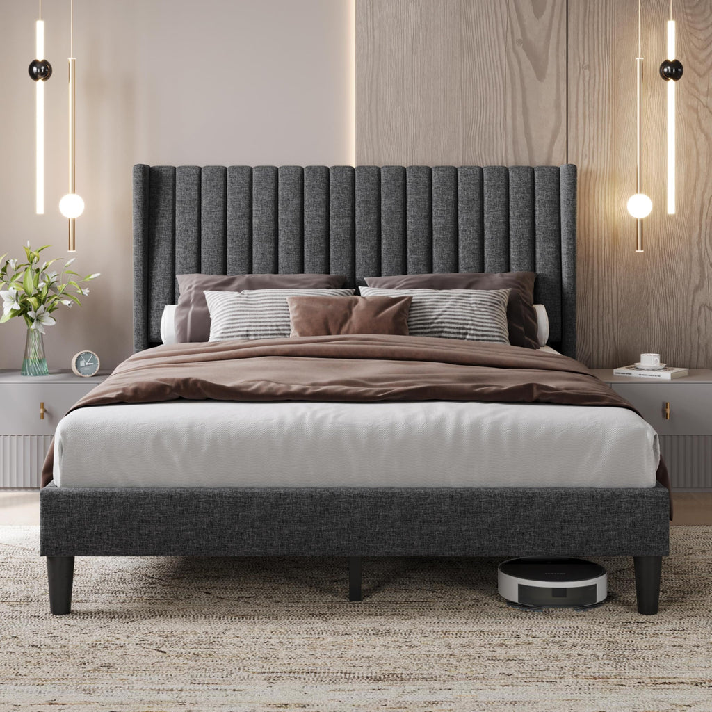 Yaheetech Queen Bed Frame with Headboard, Ivory Channel-Tufted Platform