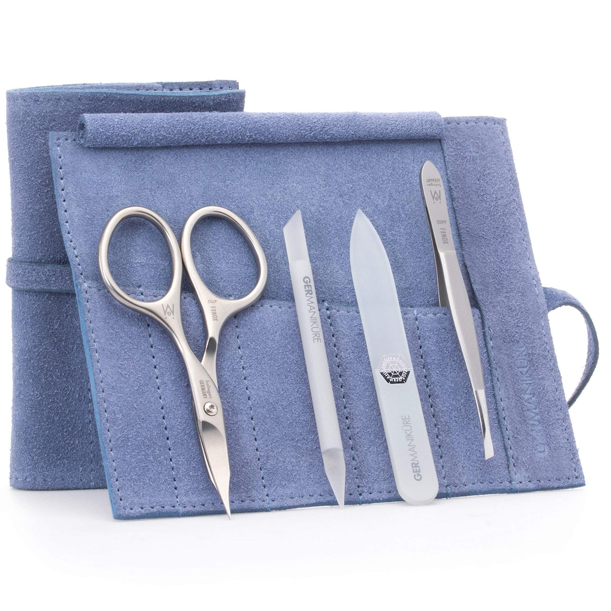 GERMANIKURE 7pc Manicure & Pedicure Set, FINOX Steel, Purple Leather Roll