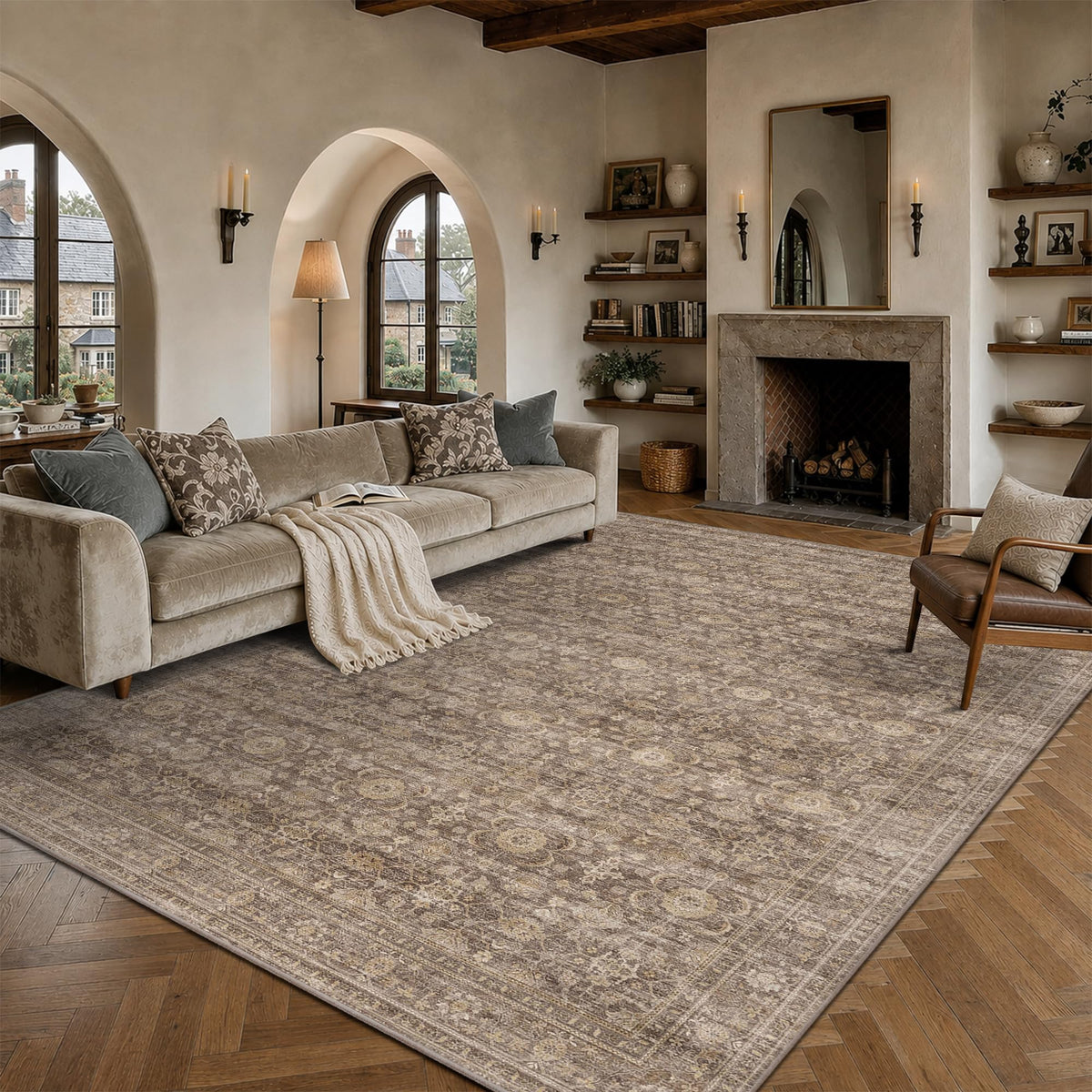 JOOJA 8x10 Dark Brown Vintage Soft Low Pile Non Slip Boho Washable Area Rug