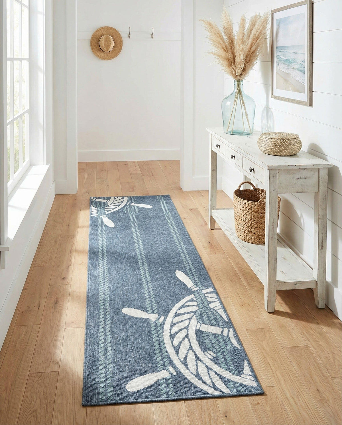 Rugs.com - Outdoor Coastal Rug – 5' 3 x 8' Navy Blue Washable Indoor/Outdoor Rug – Nautical Ship Wheel Design for Patios, Decks, and Porches