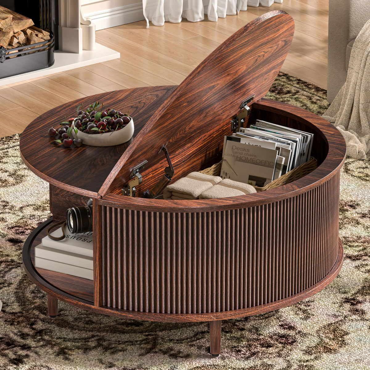 Round Coffee Table, 31.5" Fluted Center Table with Storage, Lift-Top Coffee Table with Adjustable Footpads, Sliding Door, Mid-Century Modern Center Table for Living Room, Small Space (Nature)