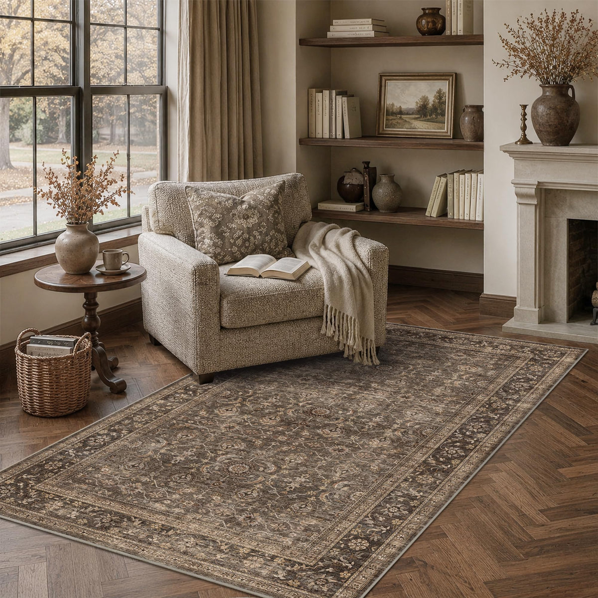 JOOJA 8x10 Dark Brown Vintage Soft Low Pile Non Slip Boho Washable Area Rug
