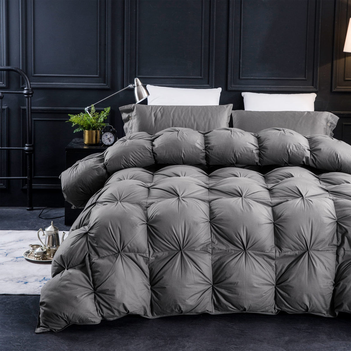 Three Geese Pinch Pleat Waterfowl Feathers and Down Comforter Queen Size Duvet Insert, 1200TC 100% Cotton Fabric, Premium All Seasons BlackGrey Warm Hotel Comforter with 8 Tabs.