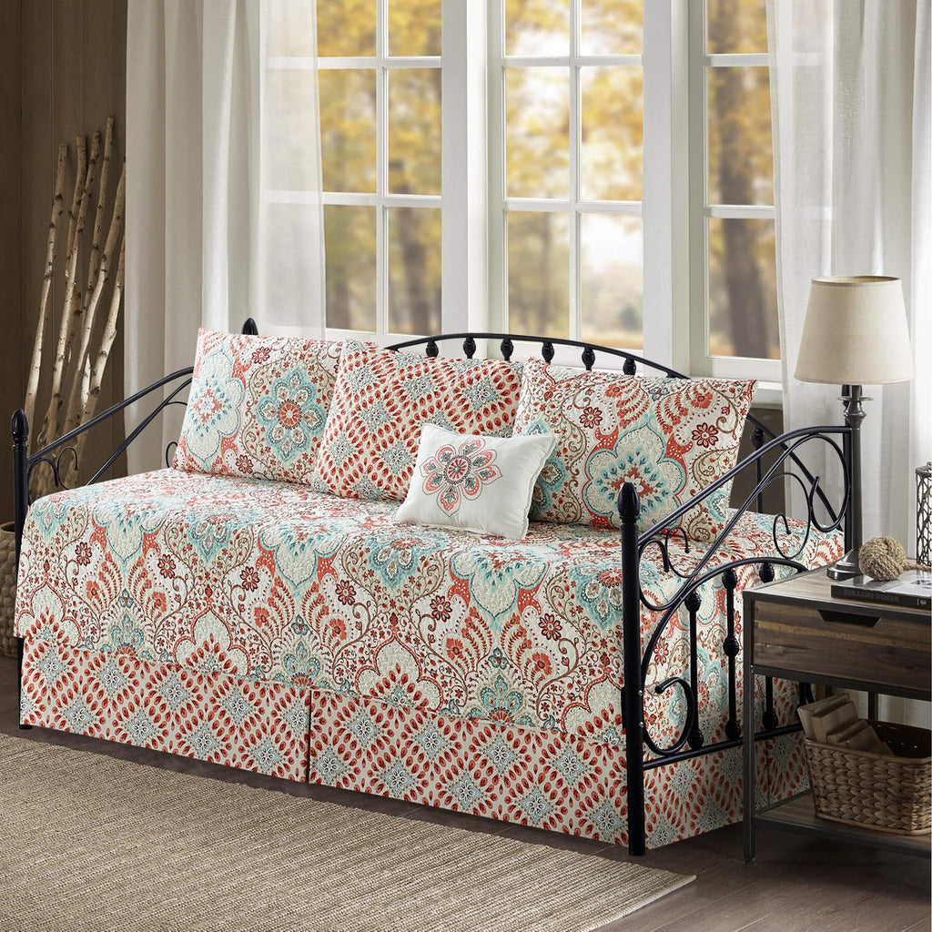 5-Piece Quilted Microfiber Daybed Cover Set with Floral Embroidery, All Season Luxurious Bedding with Matching Shams and Bed Skirt, 75"x39", Pink Flower