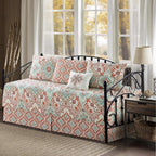 5-Piece Quilted Microfiber Daybed Cover Set with Floral Embroidery, All Season Luxurious Bedding with Matching Shams and Bed Skirt, 75"x39", Pink Flower