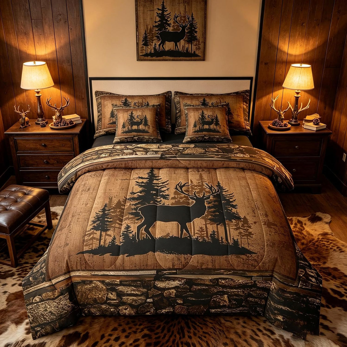 Feelyou Deer Comforter Set with Sheets King Size 7 piece Kids Rustic Deer Hunting Bedding Set Cabin Lodge Deer Bed in a Bag Farmhouse Nature Wildlife Antlers Brown Bed Set
