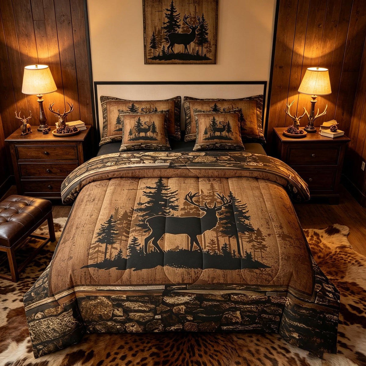 Feelyou Deer Comforter Set with Sheets King Size 7 piece Kids Rustic Deer Hunting Bedding Set Cabin Lodge Deer Bed in a Bag Farmhouse Nature Wildlife Antlers Brown Bed Set