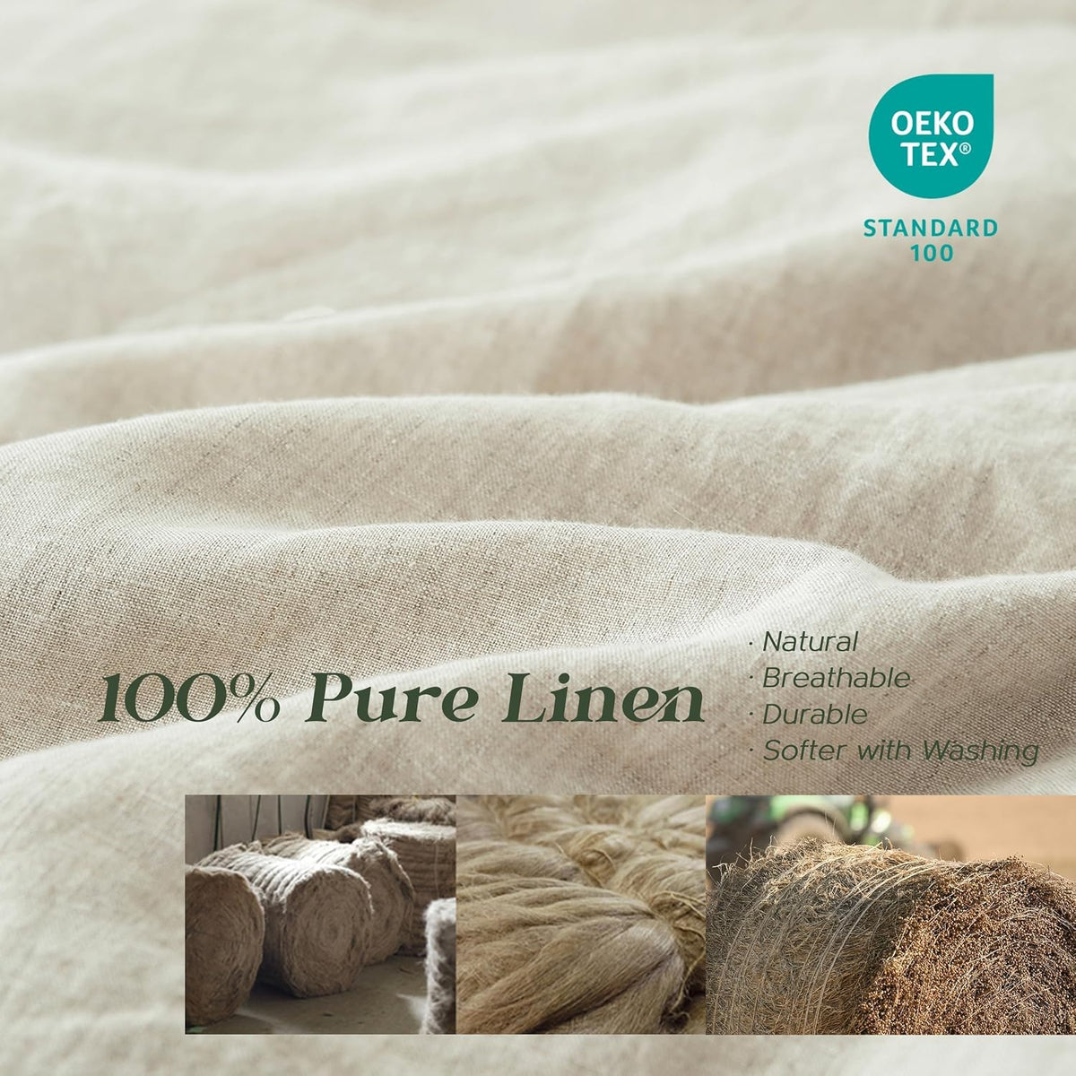 Simple&Opulence 100% Linen Duvet Cover Set, 3 PCS Natural French Flax Linen Duvet Cover King Size, Breathable Soft Comfy Linen Bedding Comforter Cover with 2 Pillowcases(Linen, 104"x92")