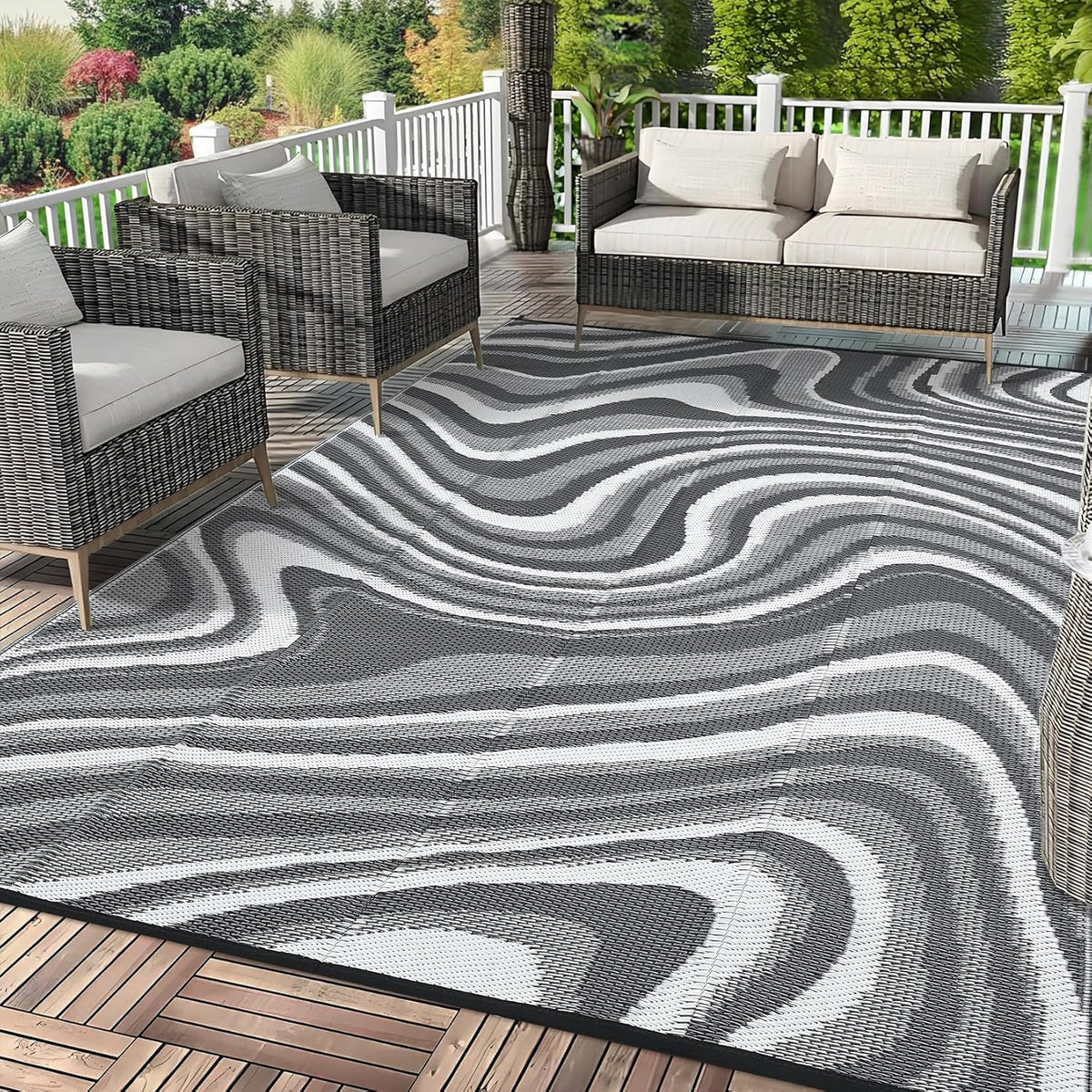 Garvee 5x8 Outdoor Rug Waterproof Modern Plastic Straw Rugs, Black Grey
